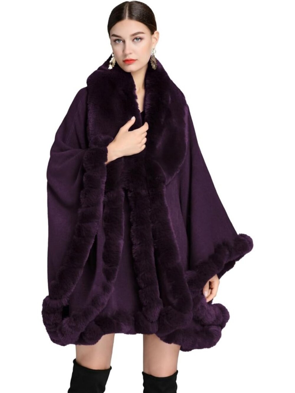 Stylish Women's Poncho Shawl Wrap with Faux Fur Collar - Elegant Evening Cape